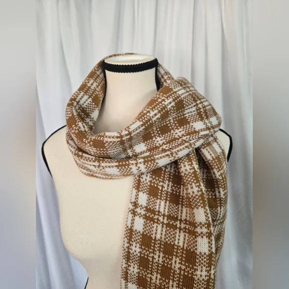 Timberland Buffalo Plaid Knit Scarf Cozy Logo Checkered Tan Cream Cozy OS - Picture 3 of 7